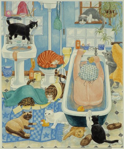 Grandma and 10 cats in the bathroom by Linda Benton